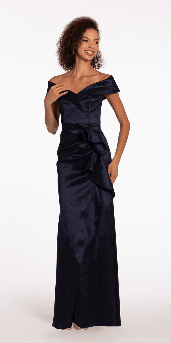 Taffeta Cuff Off The Shoulder Column Dress with Side Slit