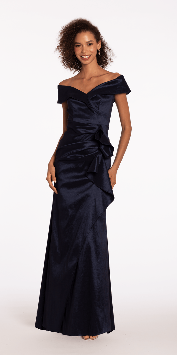 Taffeta Cuff Off the Shoulder Column Dress with Side Slit Image 4