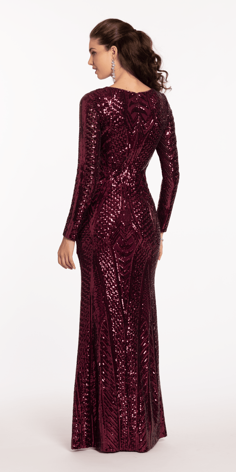 Long Sleeve V Neck Sequin Column Dress Image 5