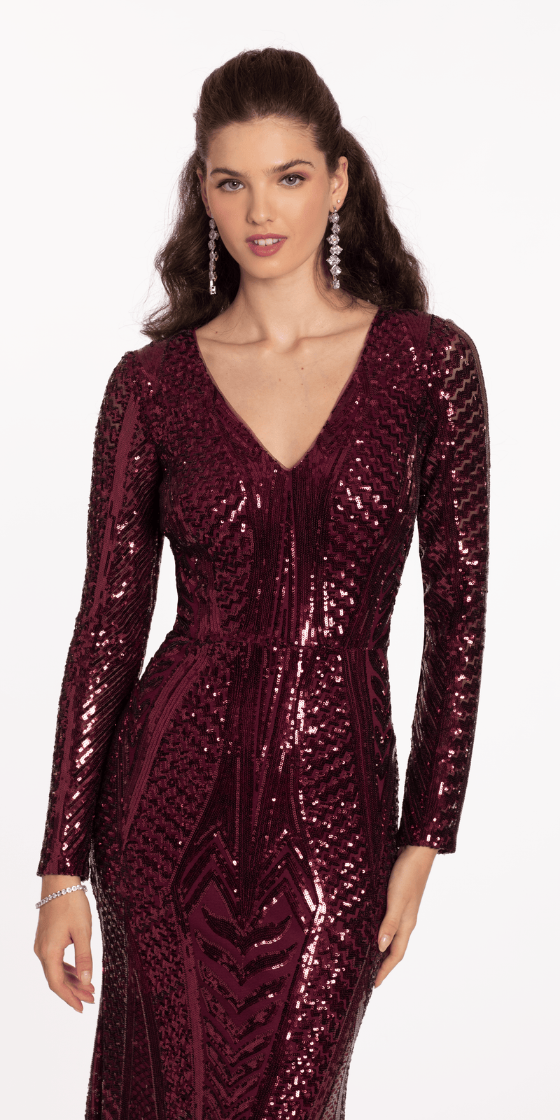 Long Sleeve V Neck Sequin Column Dress Image 3