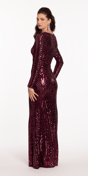 Long Sleeve V Neck Sequin Column Dress Image 4