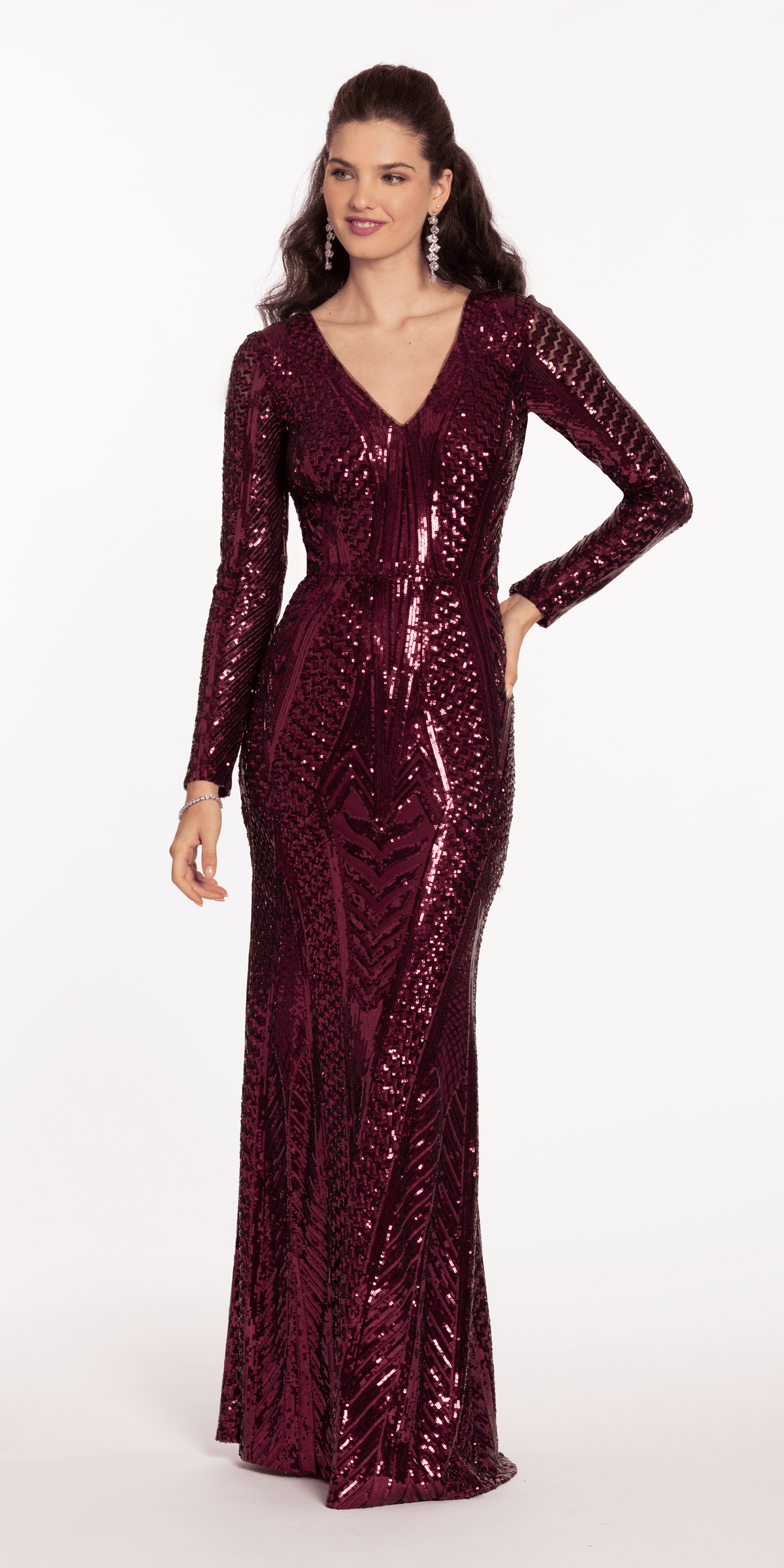 Long Sleeve V Neck Sequin Column Dress – Camille La Vie
