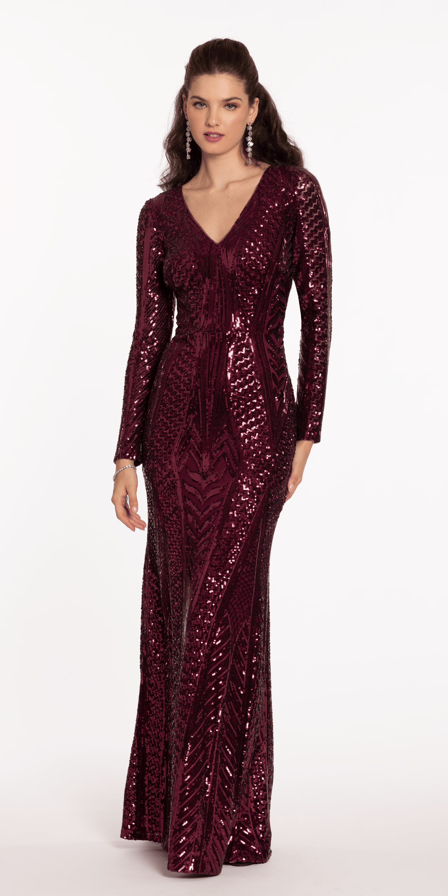 Camille La Vie Long Sleeve V Neck Sequin Column Dress