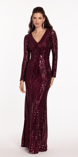 Long Sleeve V Neck Sequin Column Dress Image 3