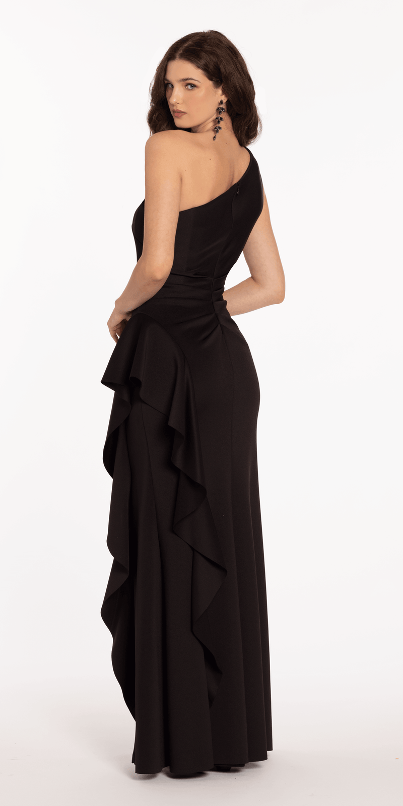 One Shoulder Scuba Trumpet Dress with Side Cascade Image 10