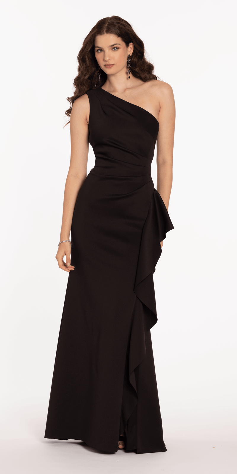 One Shoulder Scuba Trumpet Dress with Side Cascade One Shoulder Scuba Trumpet Dress with Side Cascade