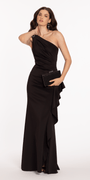 One Shoulder Scuba Trumpet Dress with Side Cascade Image 1