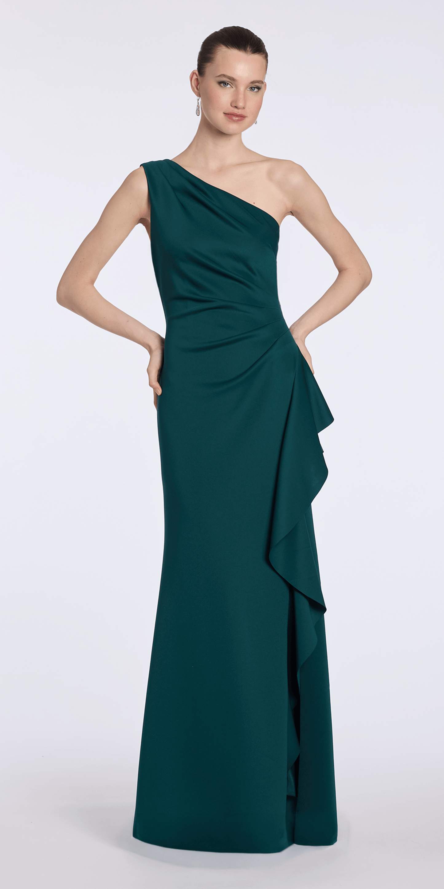 Camille La Vie One Shoulder Scuba Trumpet Dress with Side Cascade missy / 2 / hunter-green