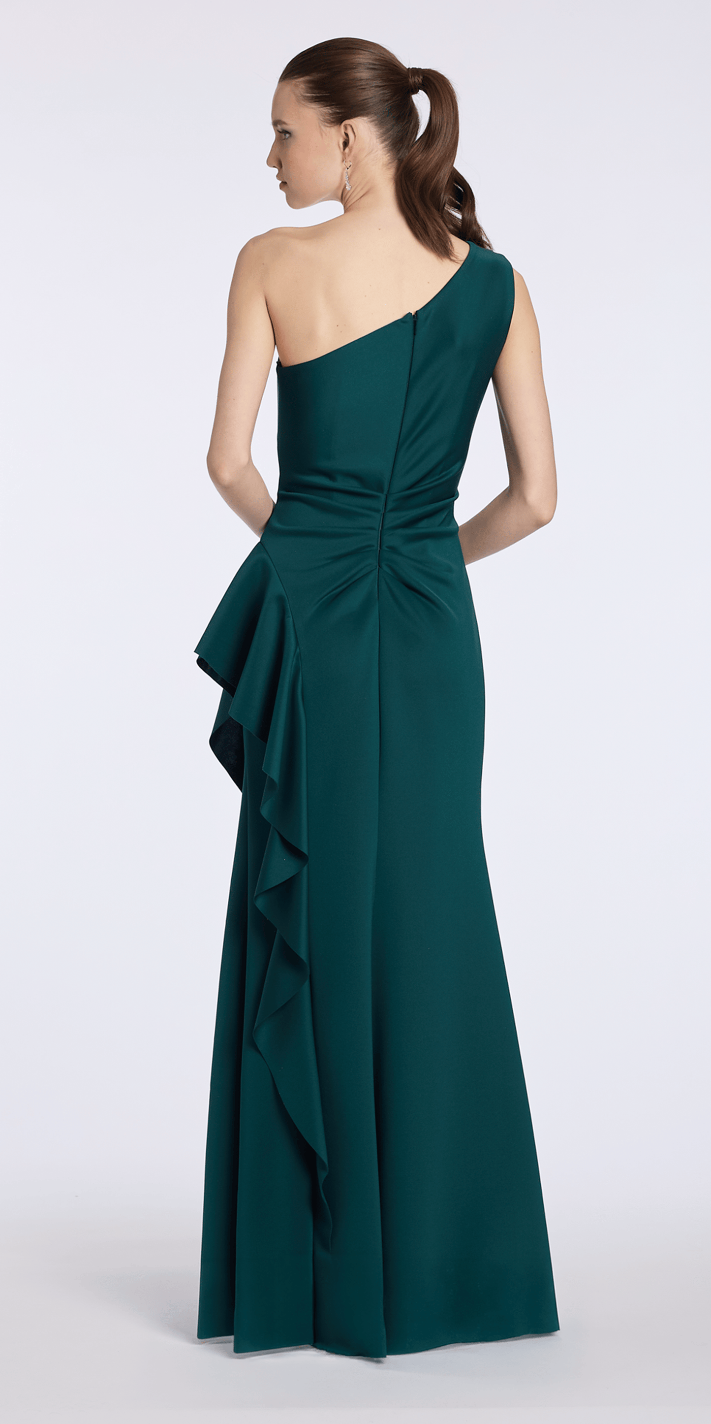 Camille La Vie One Shoulder Scuba Trumpet Dress with Side Cascade