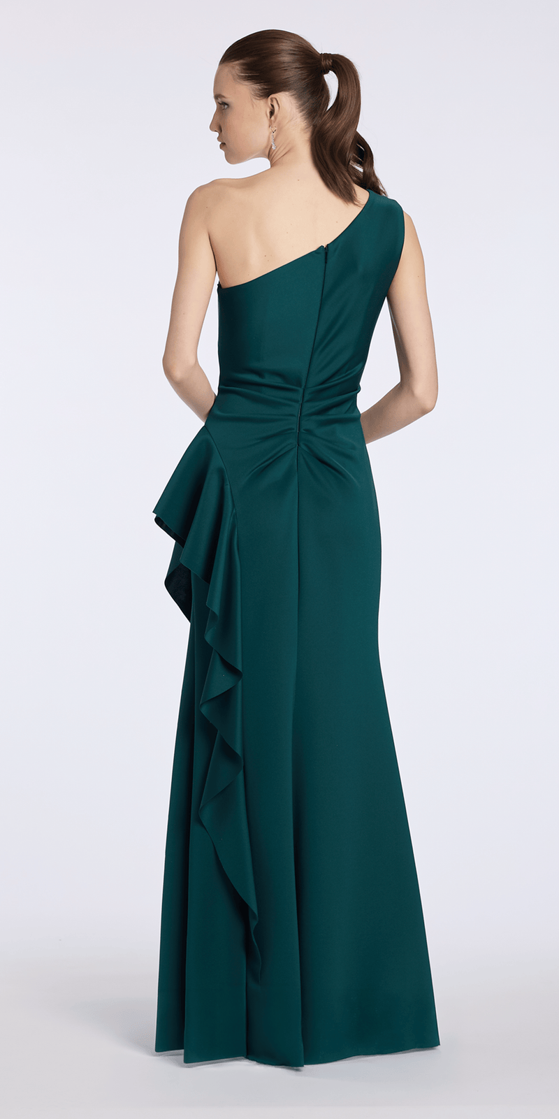 Camille La Vie One Shoulder Scuba Trumpet Dress with Side Cascade