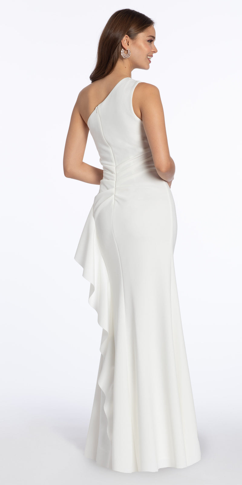 One Shoulder Scuba Trumpet Dress with Side Cascade Image 13