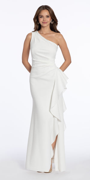 One Shoulder Scuba Trumpet Dress with Side Cascade Image 7