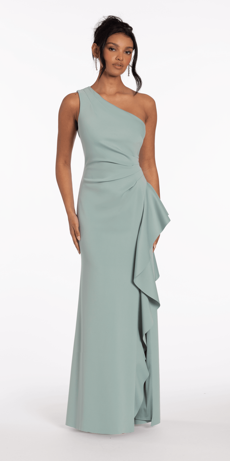 One Shoulder Scuba Trumpet Dress with Side Cascade missy / 2 / sage One Shoulder Scuba Trumpet Dress with Side Cascade missy / 2 / sage