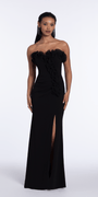 black/size/4/missy/Camille La Vie/Strapless Ruffle Crepe Column Dress with Side Ruffle/front