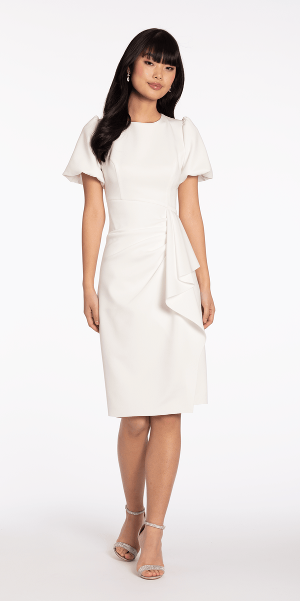 Short Puff Sleeve Scuba Midi Dress with Side Cascade Image 4