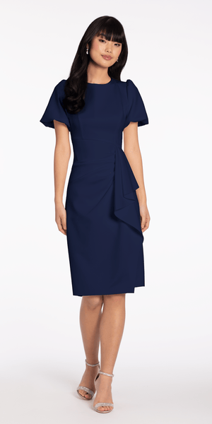 Short Puff Sleeve Scuba Midi Dress with Side Cascade Image 6