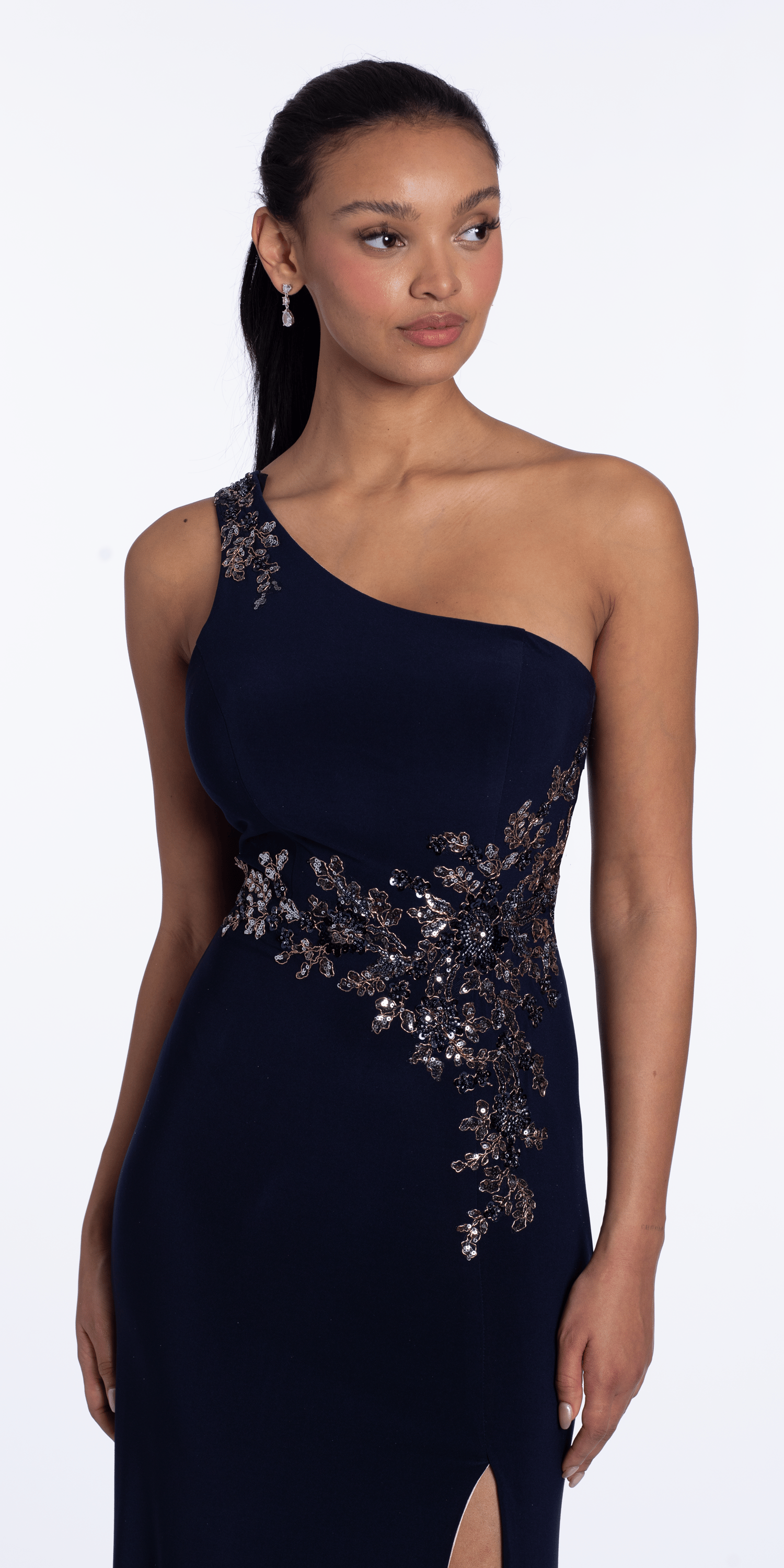 Jersey One Shoulder Column Dress with Embroidery and Contrast