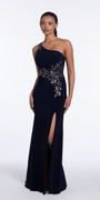Jersey One Shoulder Column Dress with Embroidery and Contrast Lining Image 1