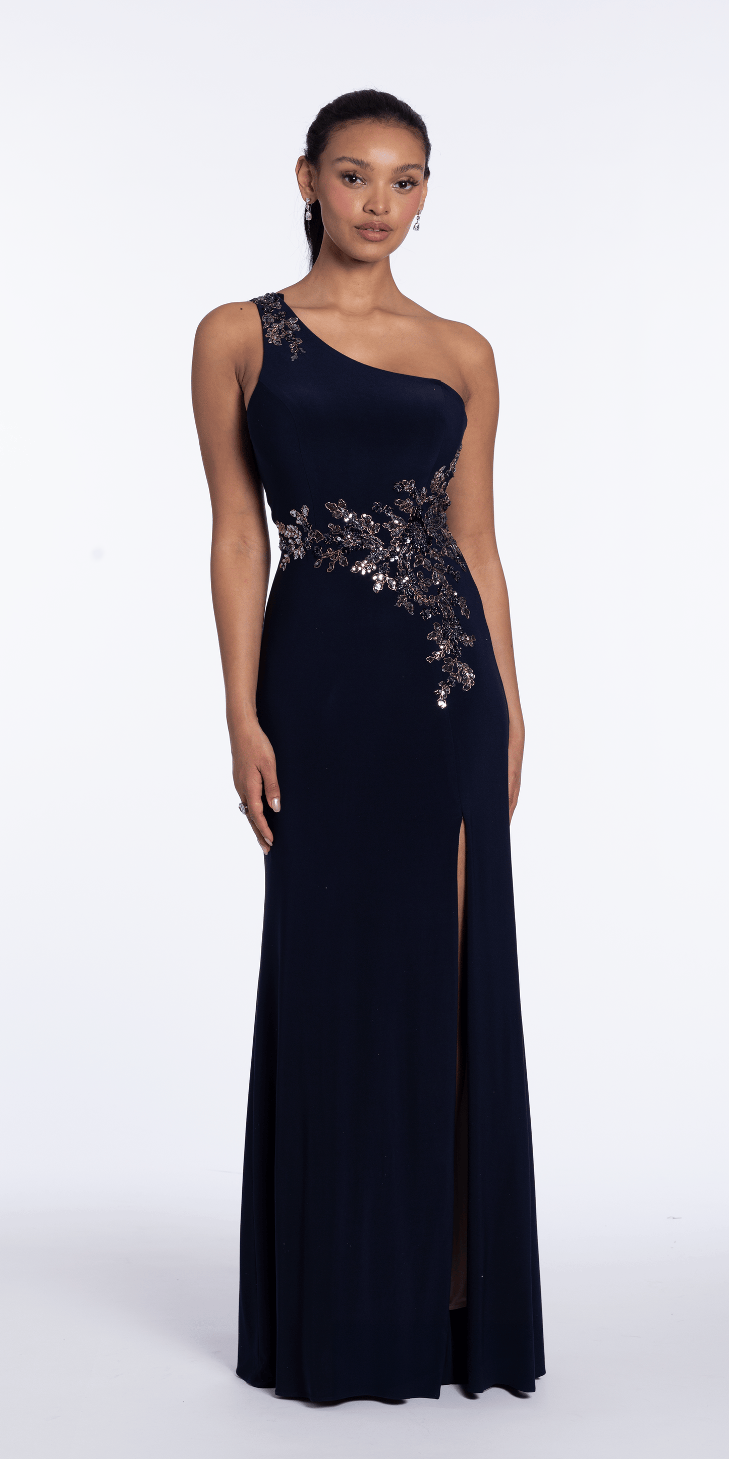 navy/size/2/missy/Camille La Vie/Jersey One Shoulder Column Dress with Embroidery and Contrast Lining/front alt 