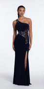 Jersey One Shoulder Column Dress with Embroidery and Contrast Lining Image 3