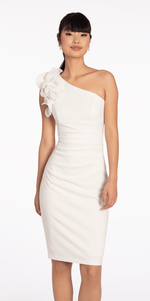 Crepe One Shoulder Ruffle Midi Dress with Ruching Image 2