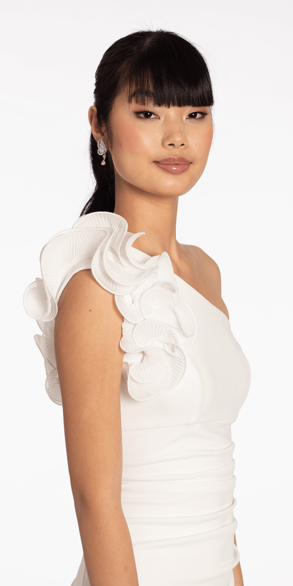 Crepe One Shoulder Ruffle Midi Dress with Ruching - Camille La Vie