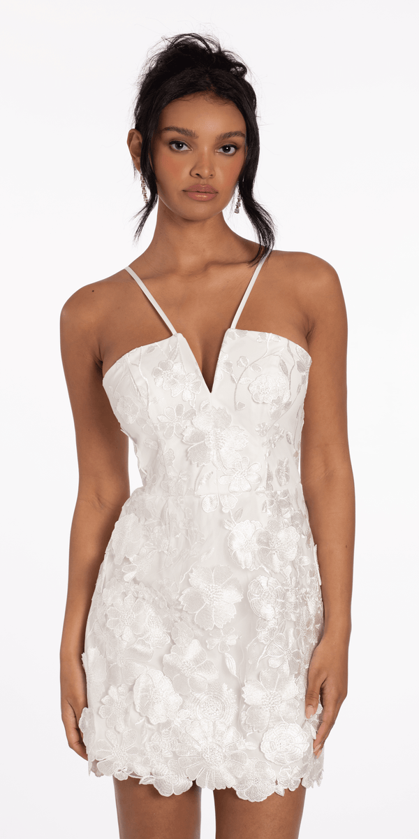 ivory/size/4/missy/Camille La Vie/V Notch Halter Mesh 3D Floral Dress with Scalloped Hem/front alt 1