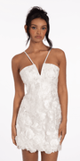 V Notch Halter Mesh 3D Floral Dress with Scalloped Hem Image 3