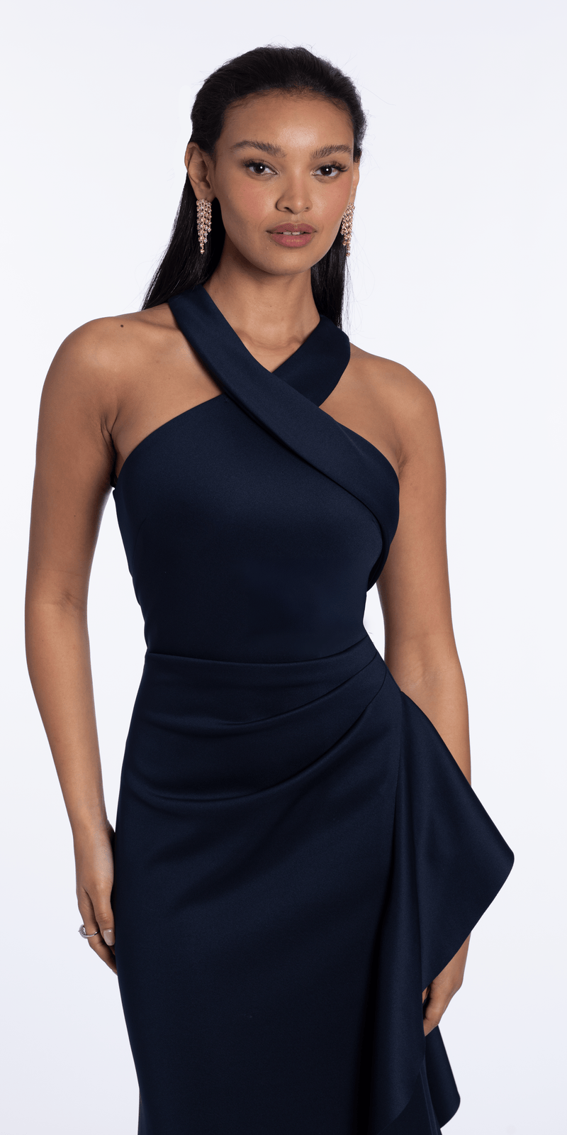 Xscape Women's Crisscross Halter Side-Ruffled Gown - Midnight