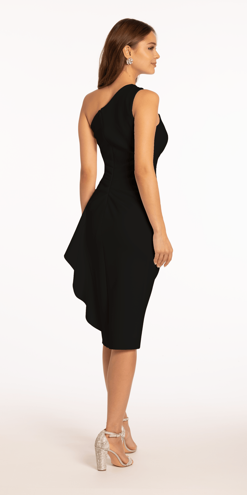 Scuba One Shoulder Ruched Midi Dress with Side Cascade Image 5