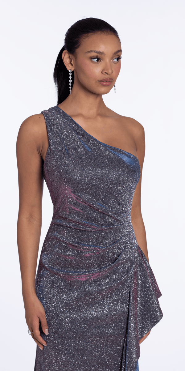 black-silver/size/4/missy/Camille La Vie/Two Tone Metallic One Shoulder Column Dress with Side Cascade//close alt