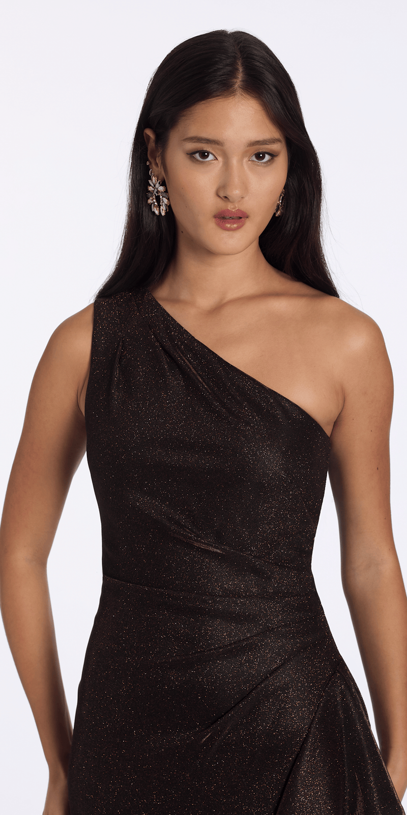 Camille La Vie Two Tone Metallic One Shoulder Column Dress with Side Cascade