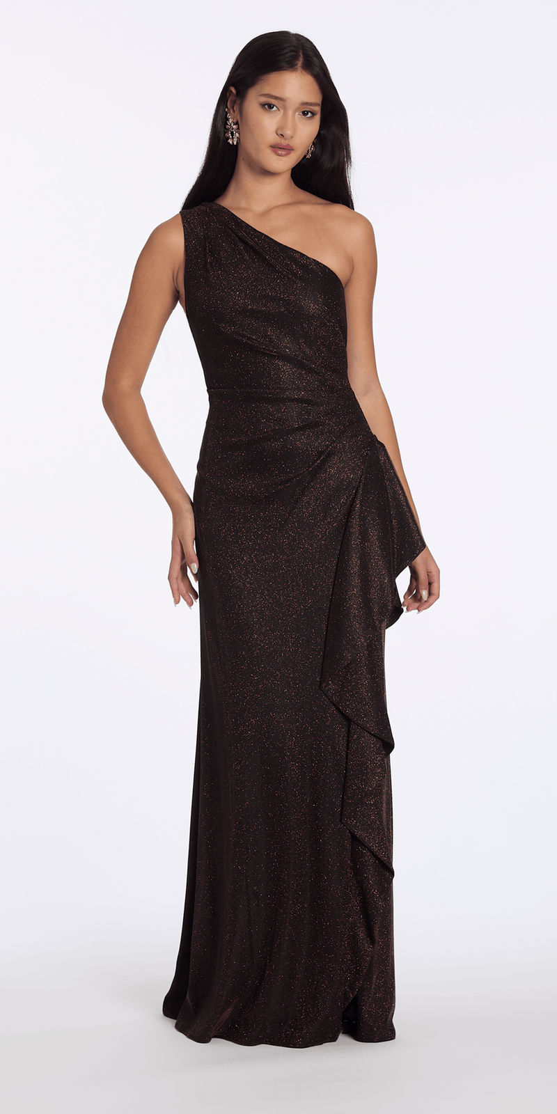 Camille La Vie Two Tone Metallic One Shoulder Column Dress with Side Cascade missy / 4 / brown