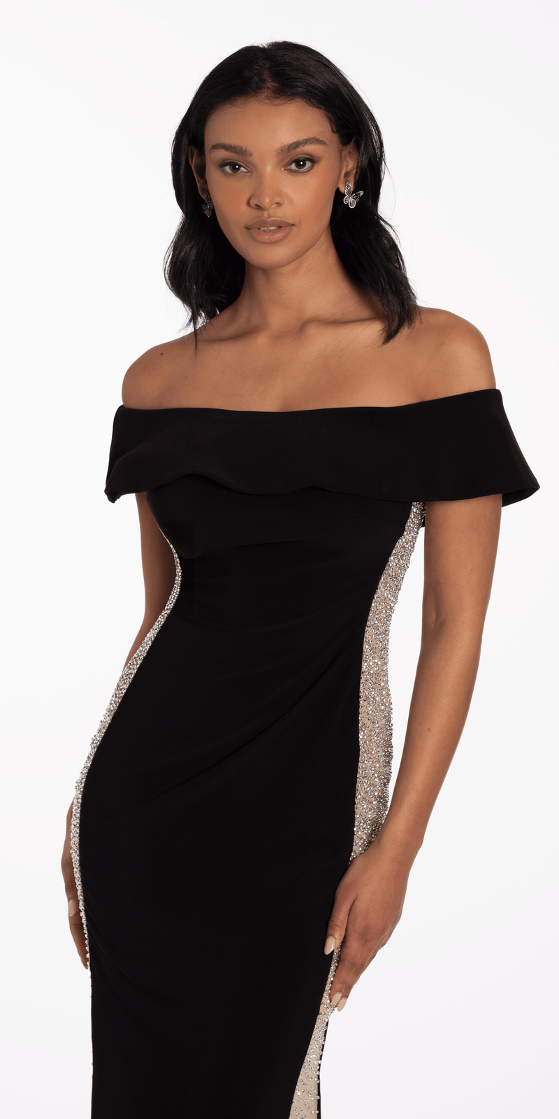 Jersey Off the Shoulder Column Dress with Beaded Side Panels Image 4