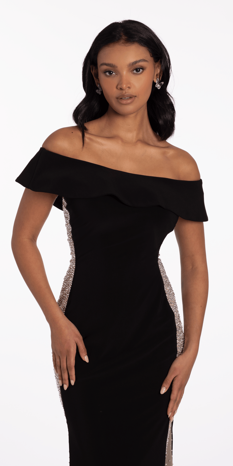 Jersey Off the Shoulder Column Dress with Beaded Side Panels Image 3