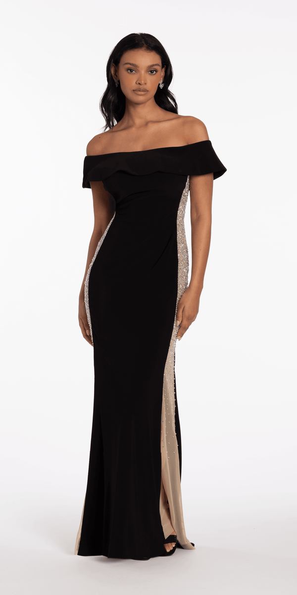 Jersey Off the Shoulder Column Dress with Beaded Side Panels - View 2 | Shop Formal Dress