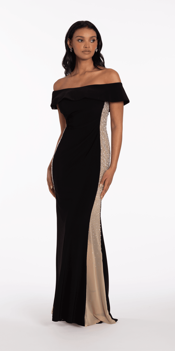 Jersey Off the Shoulder Column Dress with Beaded Side Panels - View 5 | Shop Formal Dress