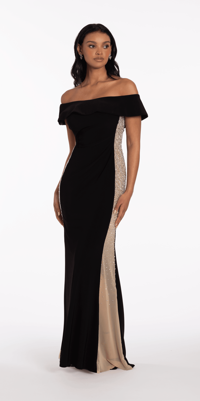 Jersey Off the Shoulder Column Dress with Beaded Side Panels Image 5