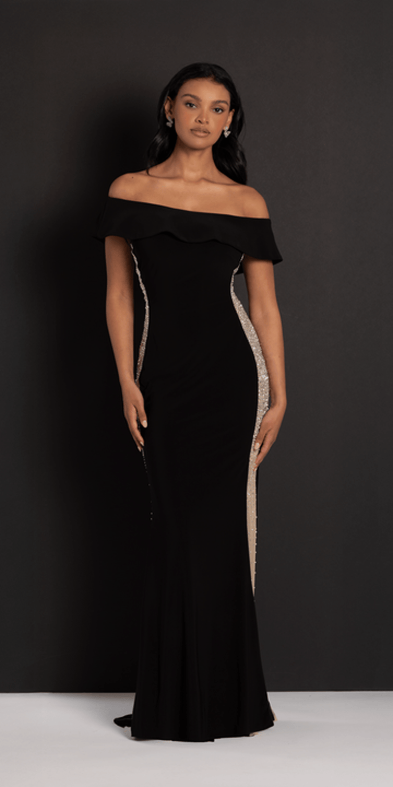 Jersey Off the Shoulder Column Dress with Beaded Side Panels Image 1