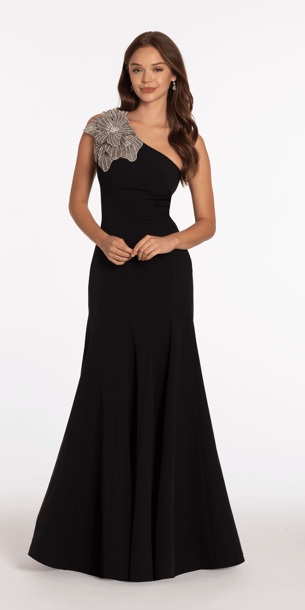 Jersey One Shoulder Mermaid Dress with Beaded Floral Applique Image 3