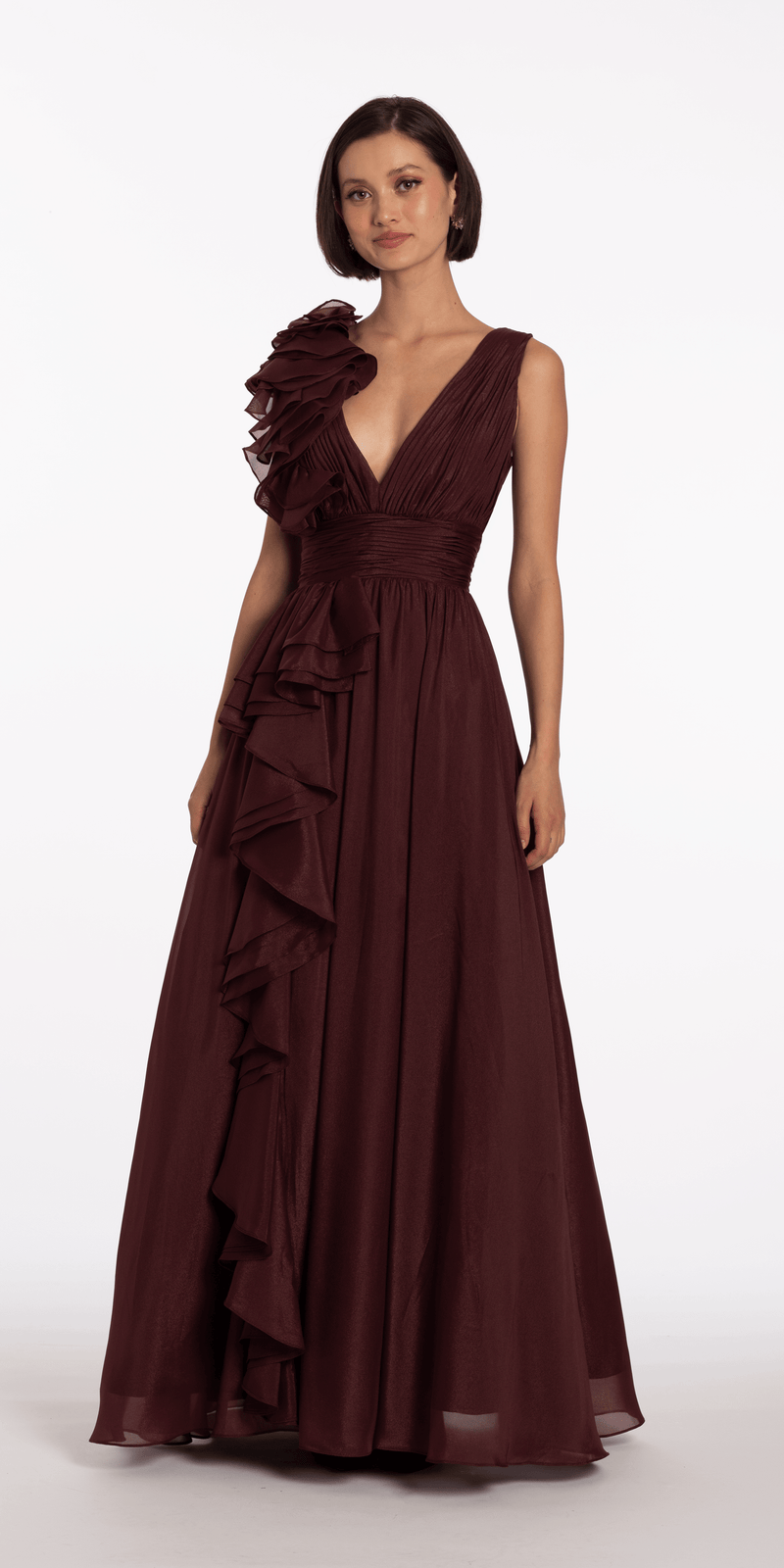 Payton Organza Ruffle V-Neck Floor Length Dress - Wine / 6 Payton Organza Ruffle V-Neck Floor Length Dress - Wine / 6
