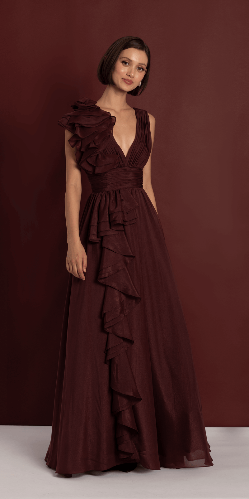 Payton Organza Ruffle V-Neck Floor Length Dress - Wine / 6 Payton Organza Ruffle V-Neck Floor Length Dress - Wine / 6