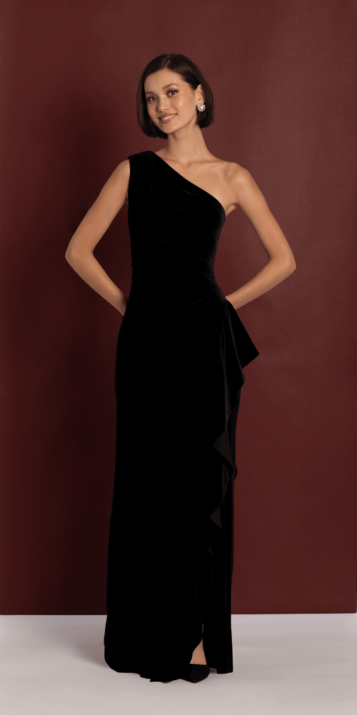 open lace back dress Xscape Women's Velvet One Shoulder Long Ruffle Dress - Black