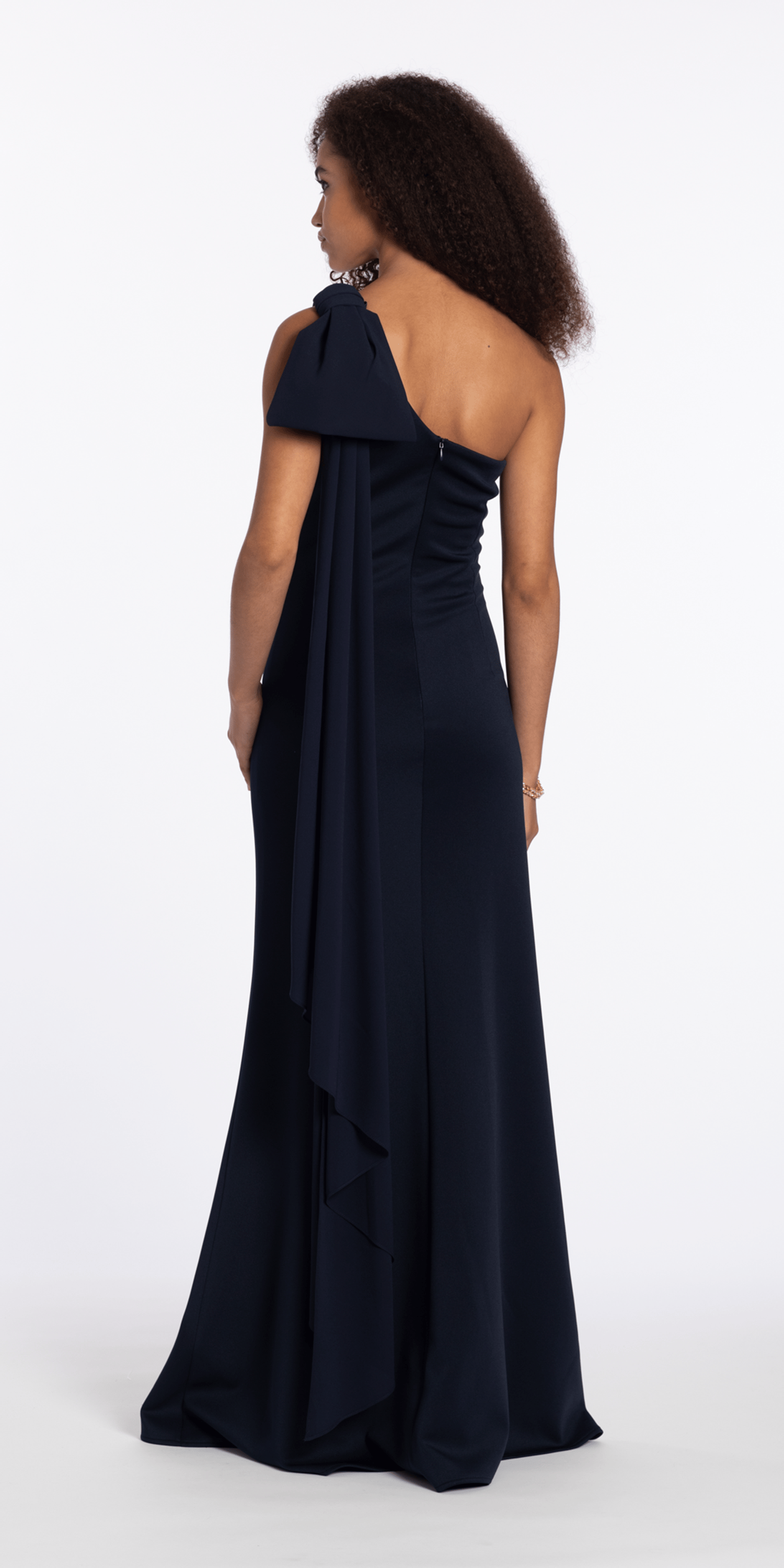 One Shoulder Scuba Column Dress with Chiffon Drape – Camille La Vie
