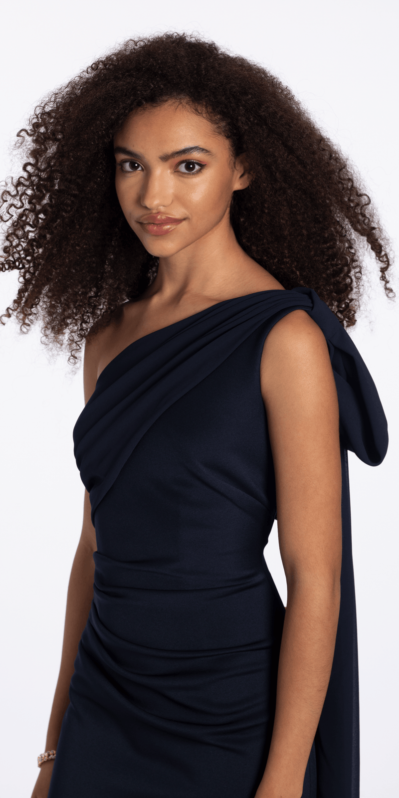 Camille La Vie One Shoulder Scuba Column Dress with Chiffon Drape