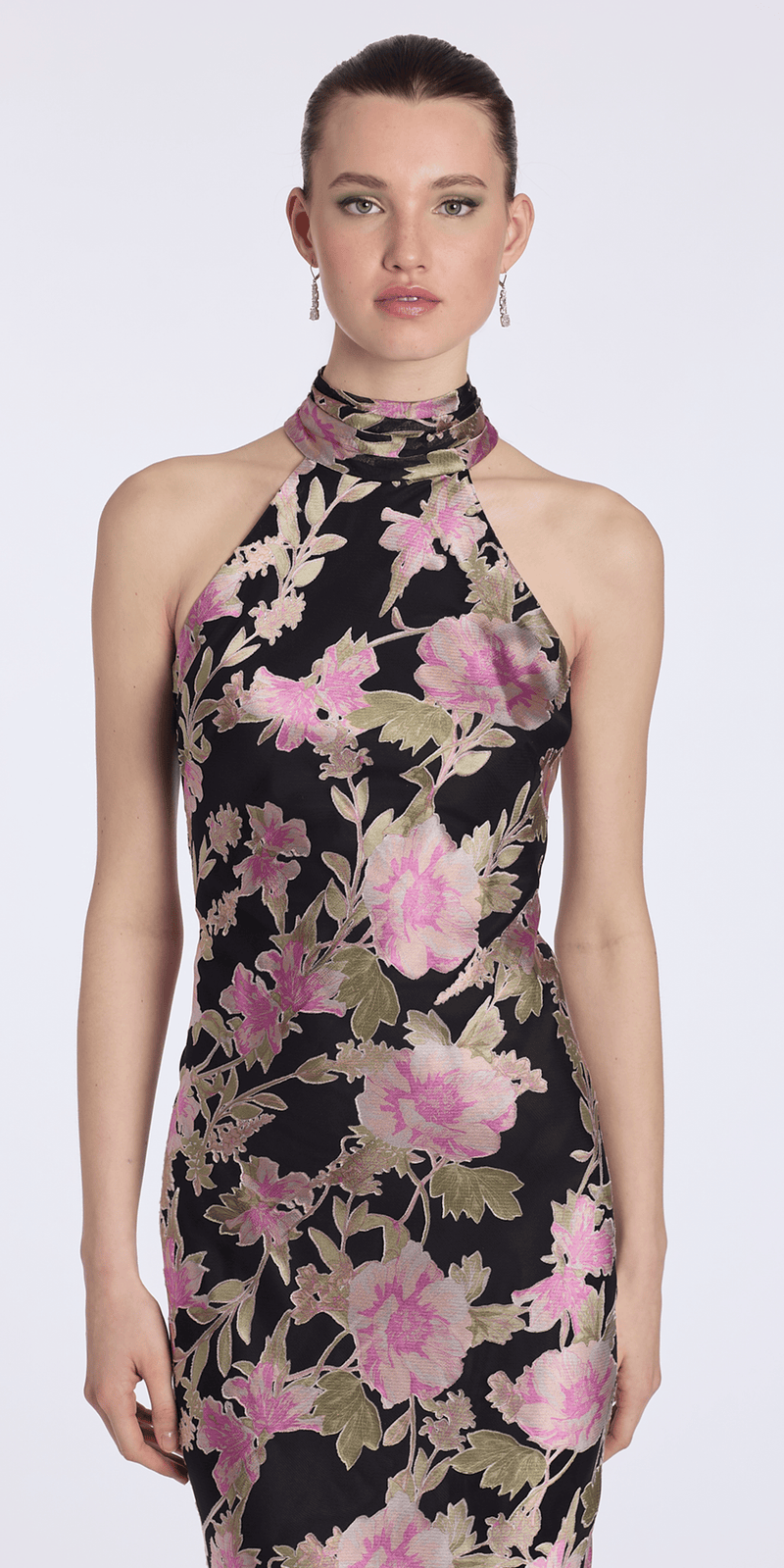 black-multi/size/6/Camille La Vie/Floral Burnout Chiffon Halter Column Dress/closeup alt