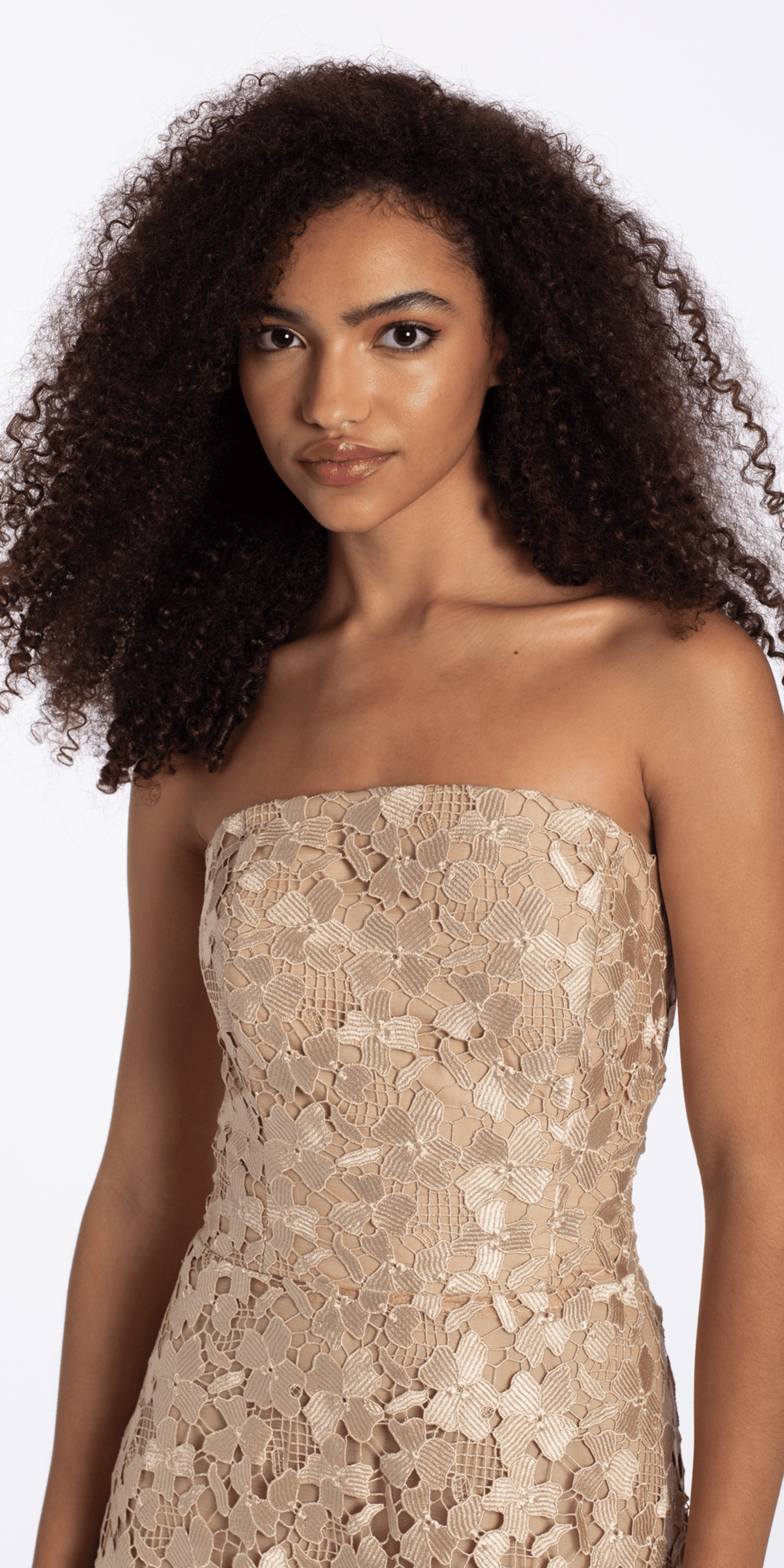 Camille La Vie Strapless Open Lace A Line Dress with Train