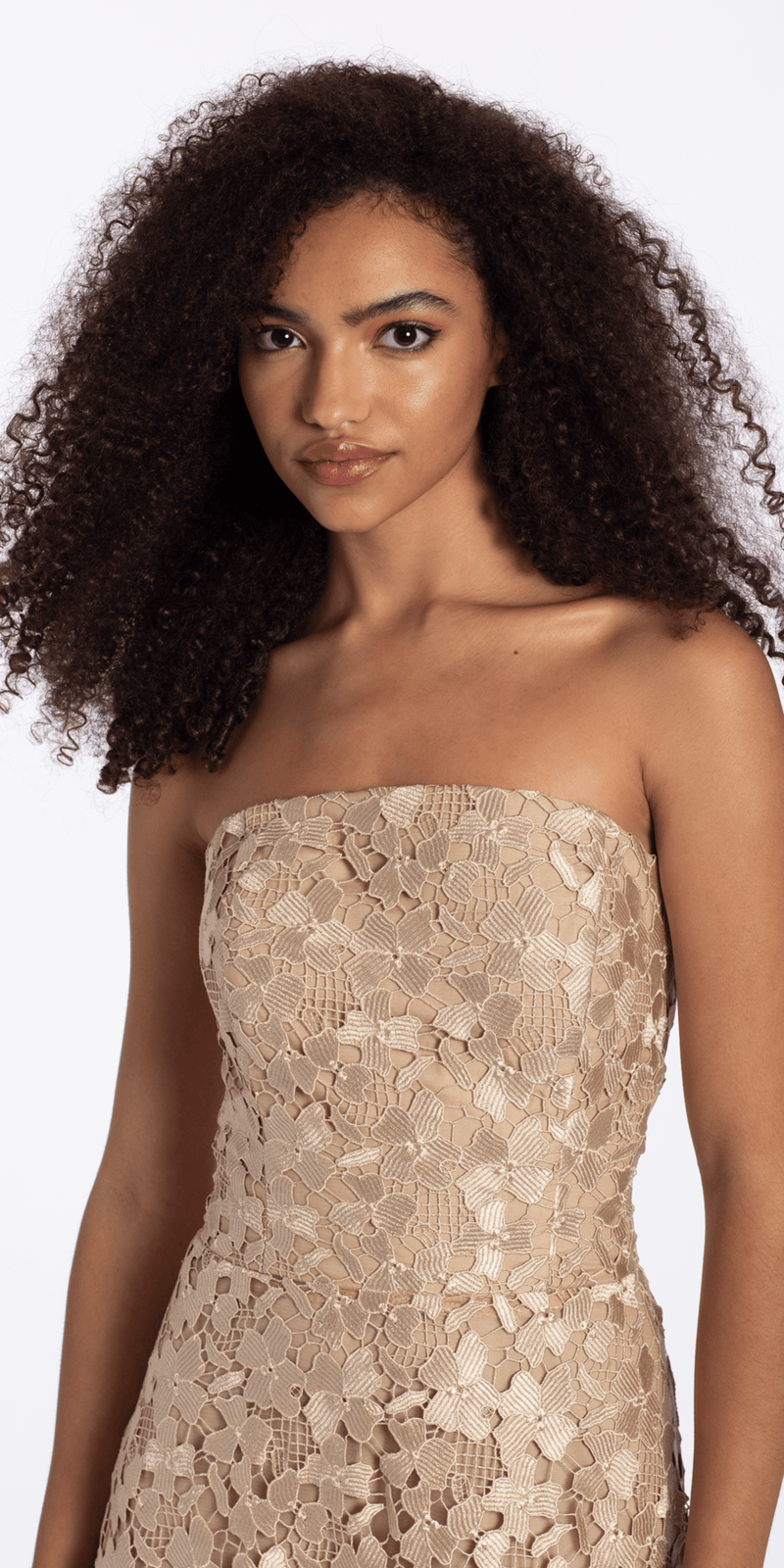 Camille La Vie Strapless Open Lace A Line Dress with Train