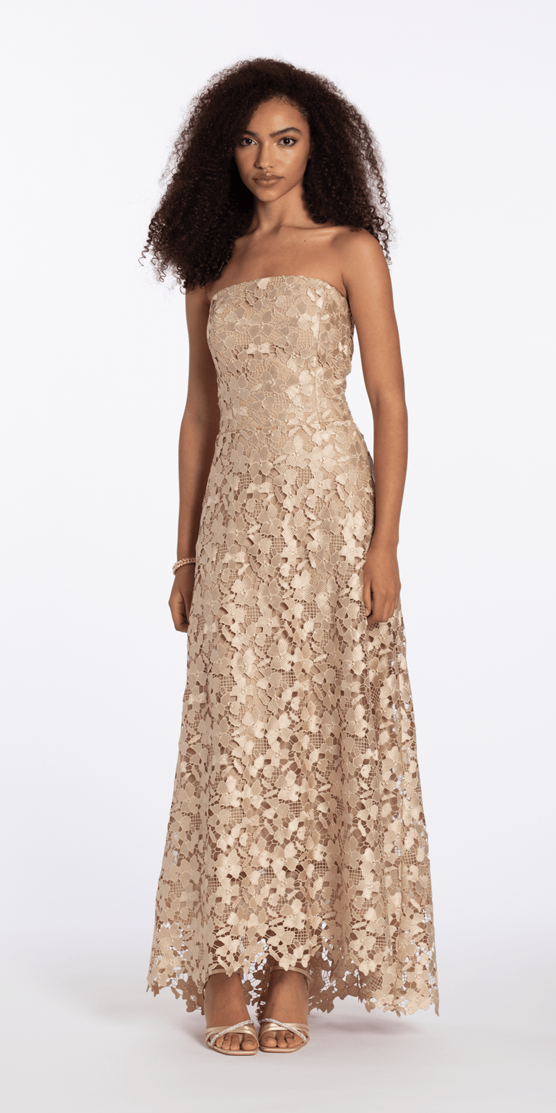 Camille La Vie Strapless Open Lace A Line Dress with Train missy / 4 / gold