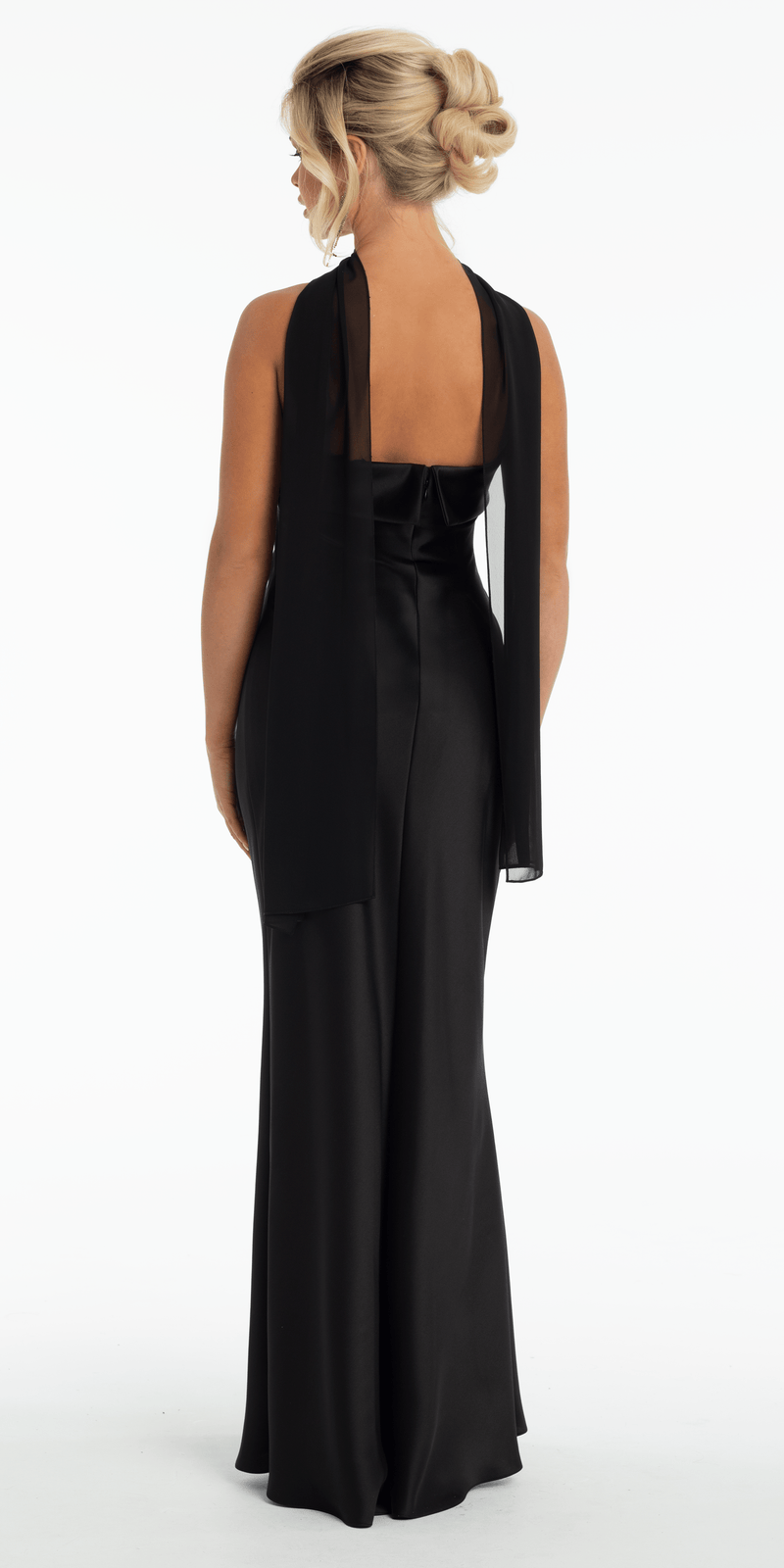 Strapless Satin Cuff Column Dress with Chiffon Shawl – Camille La Vie
